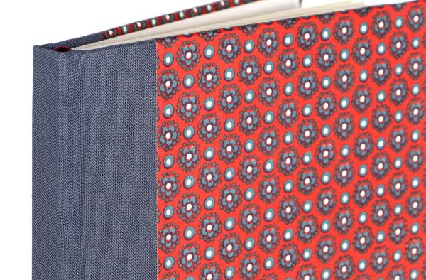 Diary red and brown, abstract floral pattern, linen spine light brown